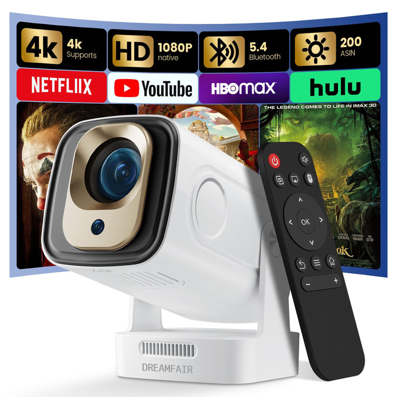 Mini Projector with WiFi and Bluetooth, 4K Full HD 1080P 200ANSI, 180° Rotatable Portable Projector, Auto Focus Movie Projector, Compatible with Smartphone, TV Stick, Laptop, HDMI, USB
