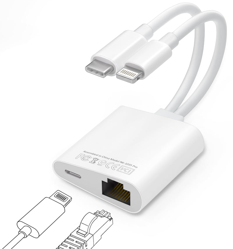 USB C to Ethernet Adapter,Apple MFi Certified Lightning to 10/100 Gigabit Ethernet Internet Adapter, 2 in 1 RJ45 LAN Network Dongle with PD Charging Prot for iPhone iPad Samsung Android MacBook Laptop