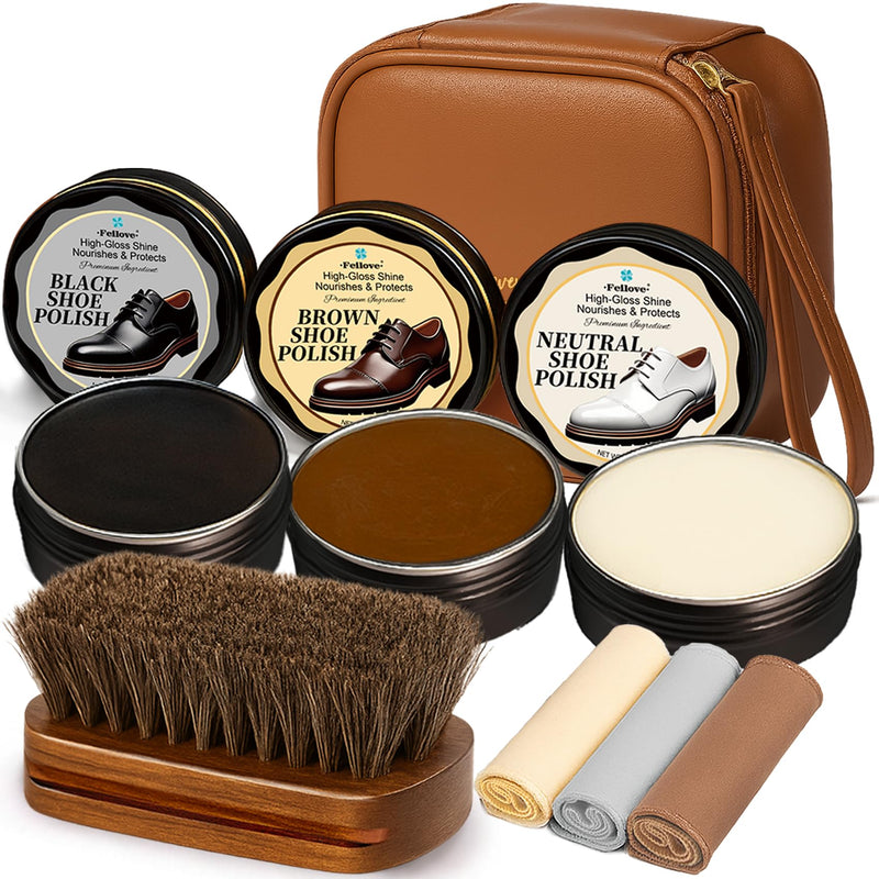  [AUSTRALIA] - Shoe Polish Kit 8PCS – Premium Black, Brown & Neutral Polish, Horsehair Brush, 3 Cloths & Compact Pouch for Leather Shoe Care, Waterproof for Boots and Shoes, Office and Travel