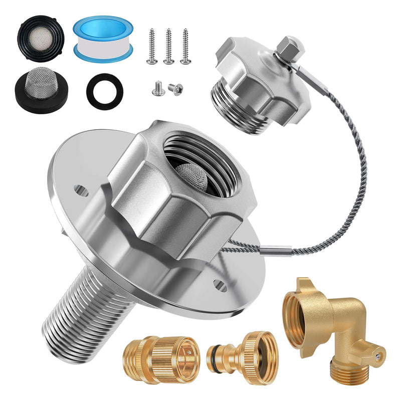 All Metal RV City Water Inlet with Check Valve, RV Water Inlet Replacement, Adjustable 90° Brass Hose Elbow, 3/4" GHT Quick Hose Connector, for RV Camper Motorhome Trailer Marine Water Inlet with 90° Elbow and Quick Connector
