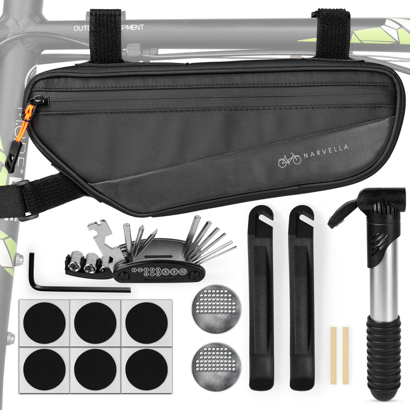 1.8L Bike Bicycle Frame Storage Bag with Tire pump & Bike Repair Kit – Waterproof Triangle Cycling Pouch with Pockets for Wallet, Phone, Tools, Keys for Adult Bikes, Mountain Bike, MTB Bike Frame Bag With Tool Set