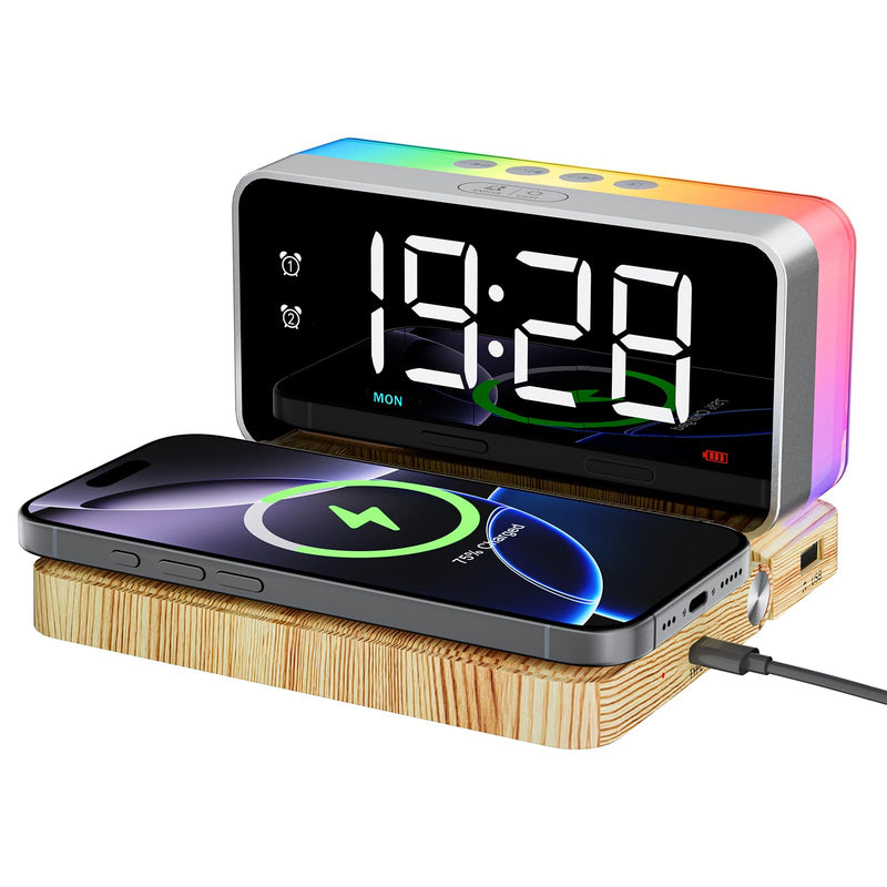Bedroom Alarm Clock for Heavy Sleepers - 5 in 1 Magnetic 10W Wireless Charger with White Noise Bluetooth Speaker RGB Light Dual Alarm (Woodgrain)