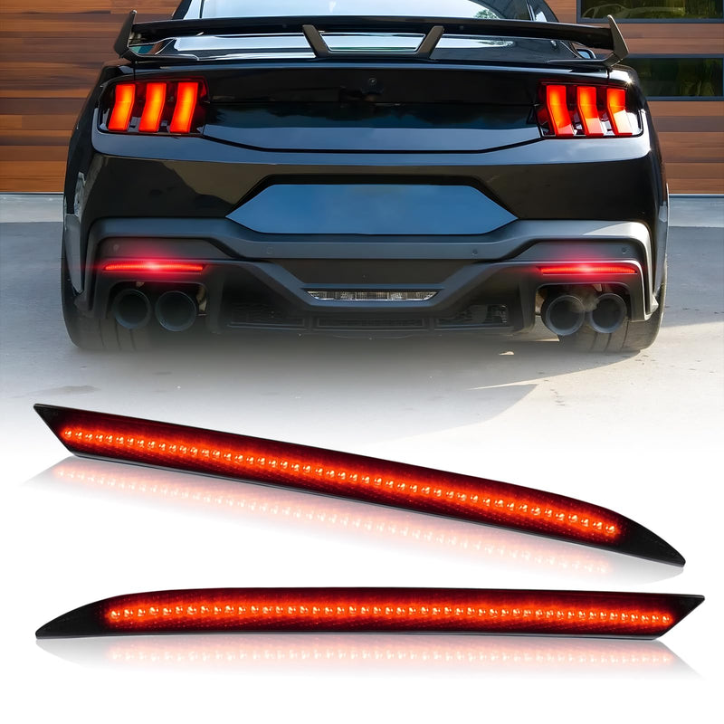 D-Lumina Rear Bumper Reflector Light for Fo-rd Mustang 2018-2025, Red LED Brake Tail Lights Smoked Lens, Pack of 2