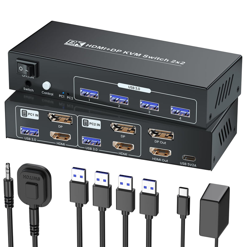HDMI Displayport KVM Switch 2 Monitors 2 Computers, 8K60Hz 4K120Hz USB 3.0 Dual Monitor HDMI DP KVM Switch for 2 PCs Management Via 1 Set of Keyboard, Mouse and 2 Monitors 8K HD+DP 2 Monitors 2 PC