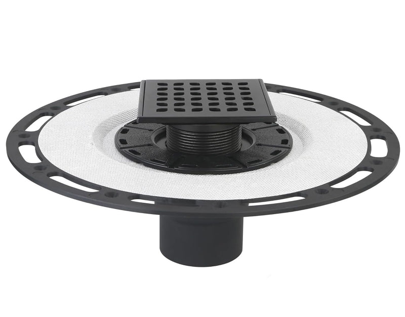Square Shower Drain, 4-Inch Matte Black Kit with Bonding Flange, Removable Stainless Steel Grate & Hair Strainer, Fits 2" & 3" Pipes for Tiled Floors 4in-Black