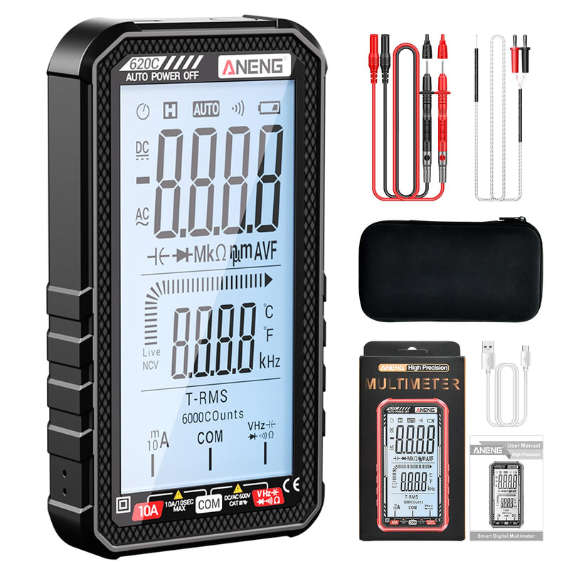 Digital Multimeter Tester, Smart Digital Multimeter 6000 Counts with Auto Ranging Digital Voltmeter Measures Voltage Current Resistance Continuity for Electricians,DIY (620C Black) 620C