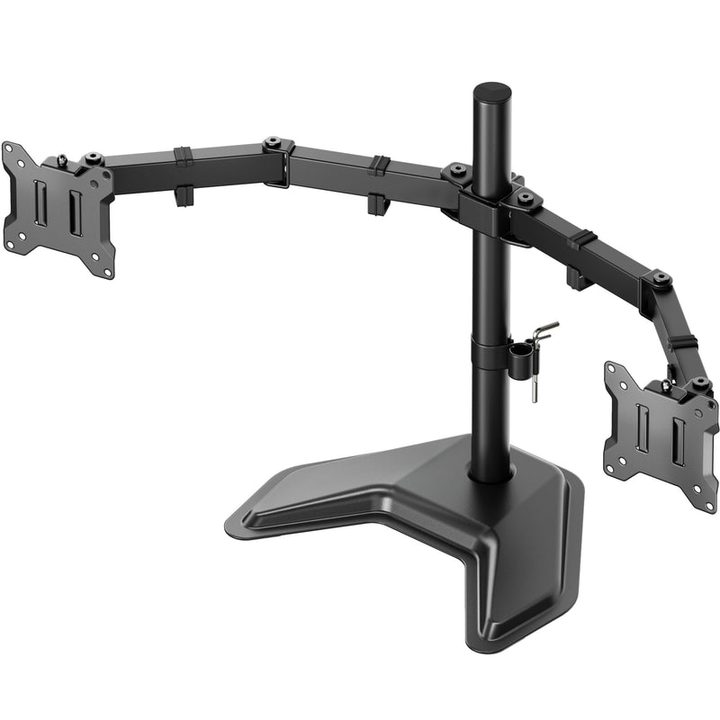 monTEK Stable Freestanding Dual Monitor Stand for 17–32” Computer Screens, Heavy-Duty Desk Mount with 22 lbs per Arm, Fully Adjustable Brackets and Arms, Solid V-Shaped Base, VESA 100×100mm Max