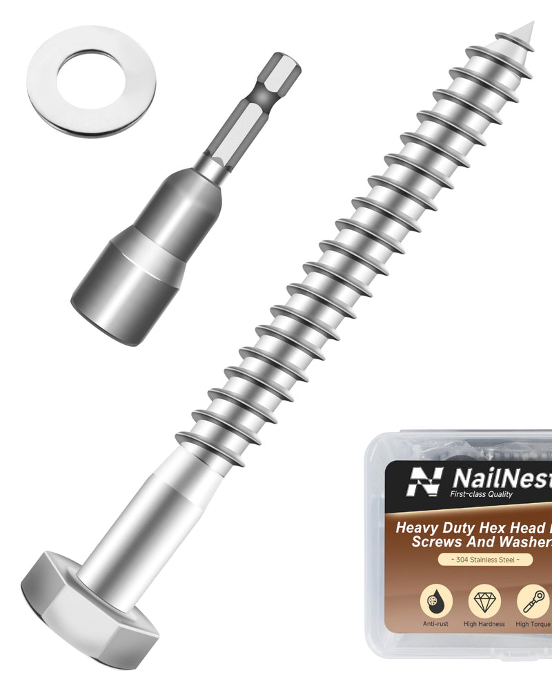 (1Box) 1/4" x 3" Hex Head Lag Screws Bolts with Flat Washers, 20Sets 304 Stainless Steel 18-8 Heavy Duty 1/4 Lag Bolts for Wood with Hex Socket 1/4" x 3" 1-Box