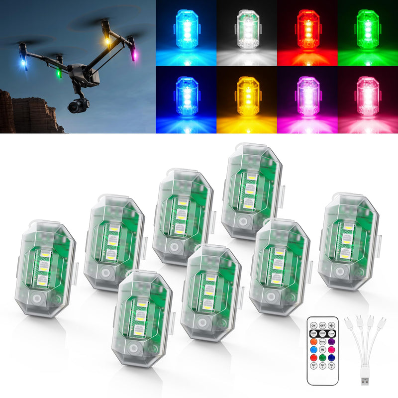 Wireless RGB LED Aircraft Strobe Lights with Remote Control, 8 Colors 10 Flash Modes DIY Mode Anti-Collision Lights Waterproof Emergency Warning Light for Drone Car Motorcycle Bike 8 Pcs