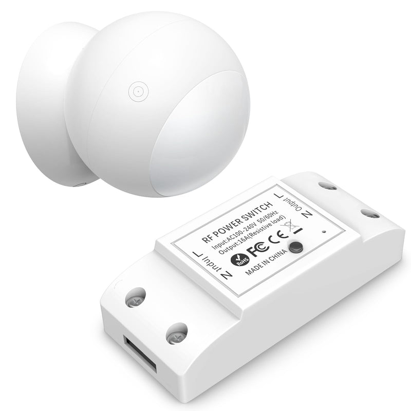 Wireless Motion Sensor Switch Kit with Split Sensor & Switch, PIR Motion Activated Power Switch with Timer, Indoor Motion Detector for Lights & Exhaust Fan (110V-120V) of Bathroom, Garage 1 Sensor + 1 Switch