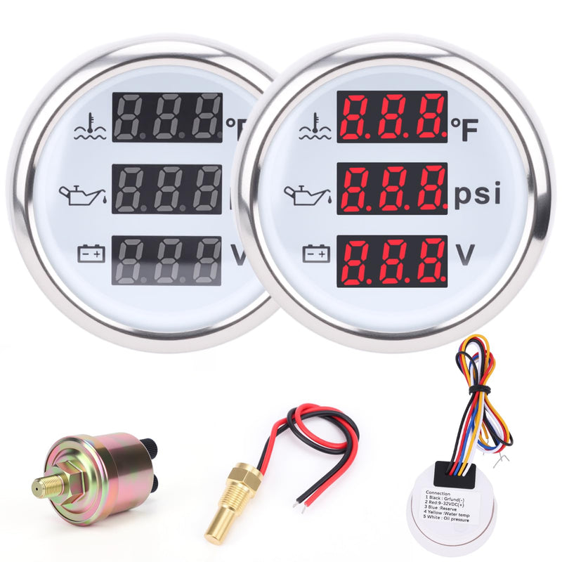 3 in 1 Gauge Kit 52mm Digital Oil Pressure Gauge, Water Temperature Gauge, Voltmeter for Car Truck Boat RV Motorcycle, Automotive Gauge Kit with Oil Pressure Sensor, Universal 12V (RED3) RED3