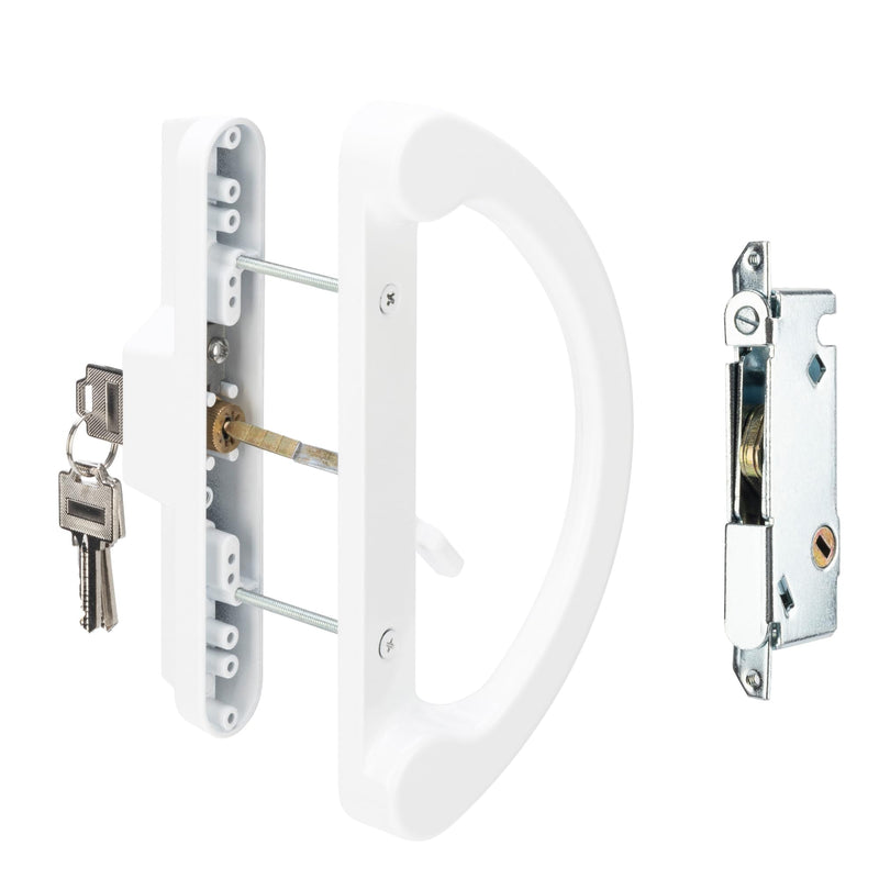 Sliding Patio Door Handle Pull Set with Key Cylinder, Replacement Sliding Door Handle with Mortise Lock for Sliding Glass Door Handle, Fits Hole Pitch Doors with 3-15/16 Inch Hole Pitch, White