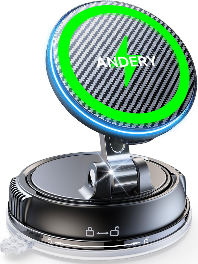 ANDERY Only for iPhone Magsafe Car Mount Charger, 15W Fast Wireless Charge | [78+LBS Strong Suction & 2400gf Magnetic] 360° Adjustable Car Mount Phone Holder, Car Interior Accessory with Dashboard Pad Carbon Fiber