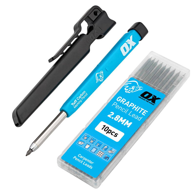 OX Tools Carpenter Pencils Mechanical Set – Heavy Duty Construction Pencil with 10X 2.8mm Lead Pack, Belt Clip, Sharpener, & Holder – Precision Mechanical Carpenter Pencil - Woodworking Pencils OX Carpenter Pencil + 10 Leads