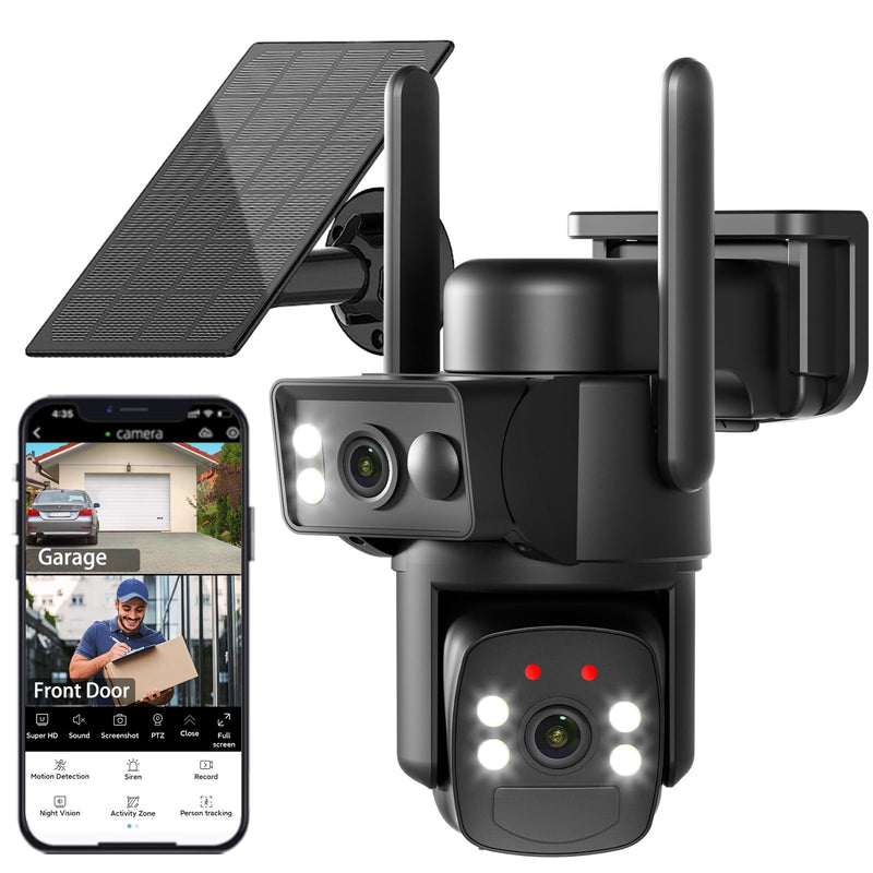 BEENOCAM Solar Security Cameras Wireless Outdoor, 2.4g & 5g WiFi 6, Dual Lens Home Security Camera with 6MP Color Night Vision/Motion Detection/Human Tracking/360°PTZ/2-Way Audio/Waterproof Black
