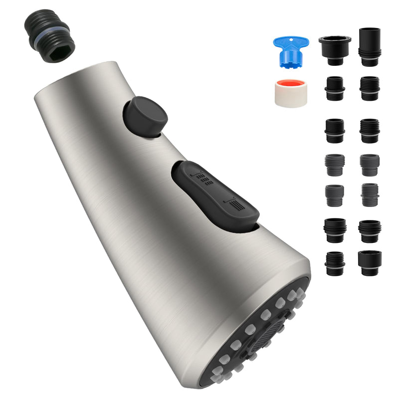 Curve Kitchen Faucet Head Replacement Compatible with Kohler, Included 14 Adapter Kit for Universal Fit Use, Brushed Nickel, 3 Function Pull Down Sink Faucet Spray Head Curve Design