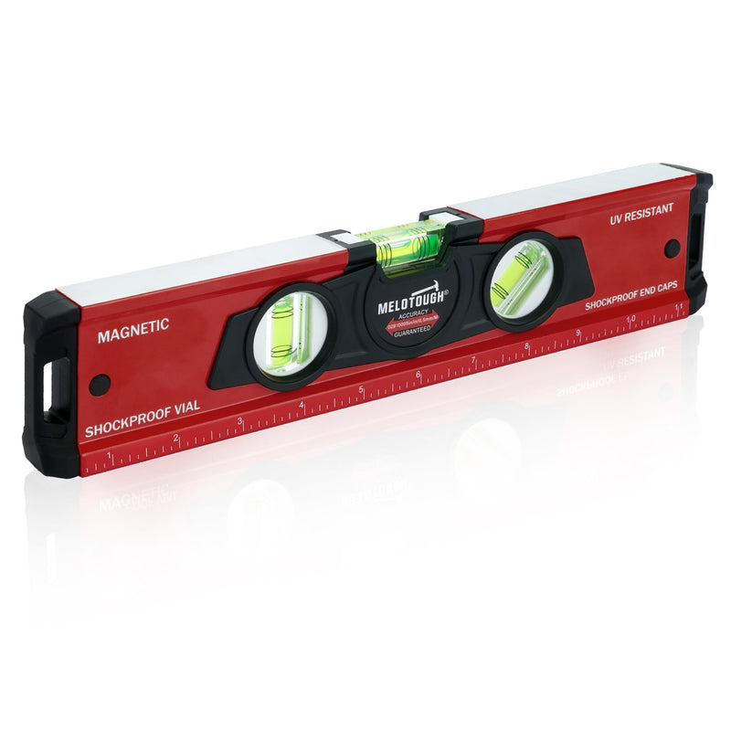 MELOTOUGH 12 Inch Torpedo Level Magnetic,Small Leveler Tool,Aluminum Level with Inch Scale,45°/90°/180°Vial Bubble Level(Red) Red