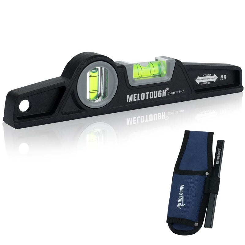 MELOTOUGH 10 Inch Die-Cast Magnetic Torpedo Level,Magnetic Level for Carpenter,Construction,Scaffolding, Plumbing,Torpedo Level with Rare Earth Magnet,Pencil and Holster,Black Black-1PCS