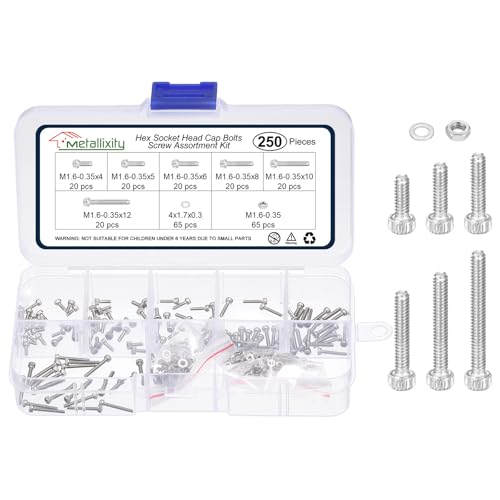 METALLIXITY Socket Head Cap Screws Kit (M1.6x4/5/6/8/10/12) 250Pcs M1.6x4/5/6/8/10/12mm 250