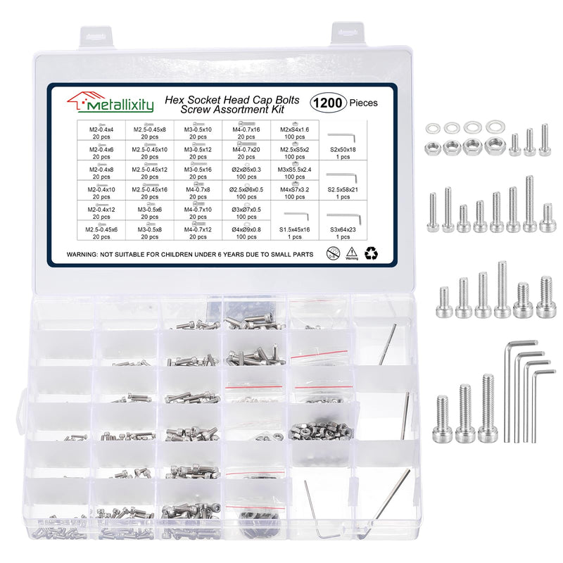 METALLIXITY Socket Head Cap Screws Kit (M2x4/6/8/10/12,M2.5x8/10/12/16,M3x6/8/10/12/16) 1200Pcs, Stainless Steel Allen Socket Drive - Machine Internal Hex Screw, Silver M2,M2.5,M3mm 1200