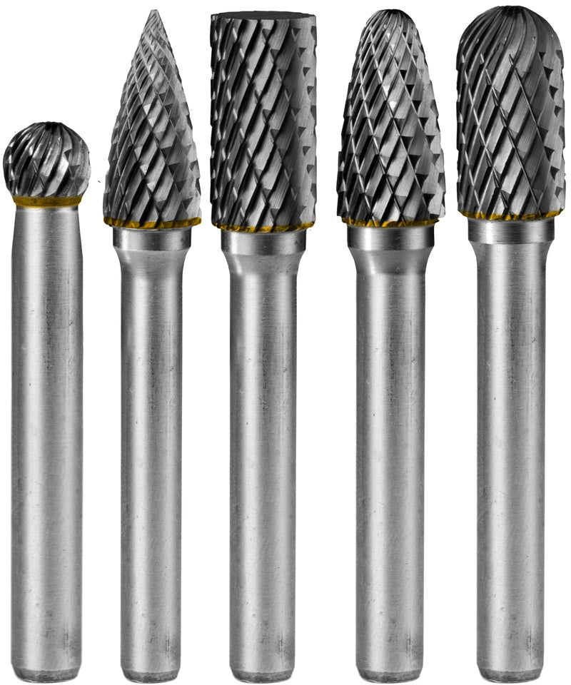 5Pcs Carbide Burr Set 1/4 Shank w/Clear Box Head Dia 8mm Die Grinder Bits Rotary Tools Attachment Kit Rasp File Accessories Metal Wood Stone Steel Grinding Deburring Cutting Porting Carving 5 pcs
