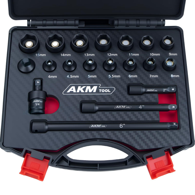 1/4 Inch Drive Magnetic Impact Socket Set, 19-Piece Metric, 4mm-15mm, 6 Point, Cr-Mo, Square Drive, Magnetic Socket with Adapter, Universal Joint & Extension 19PCS 1/4" Metric Magnetic Socket Set