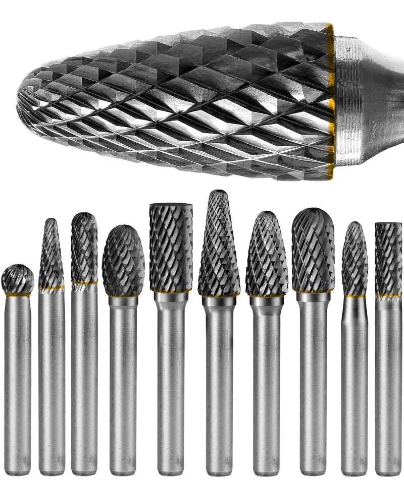 10Pcs Carbide Burr Set 1/4 Shank w/Clear Box Head Dia 8mm Die Grinder Bits Rotary Tools Attachment Kit Rasp File Accessories Metal Wood Stone Steel Grinding Deburring Cutting Porting Carving 10 pcs