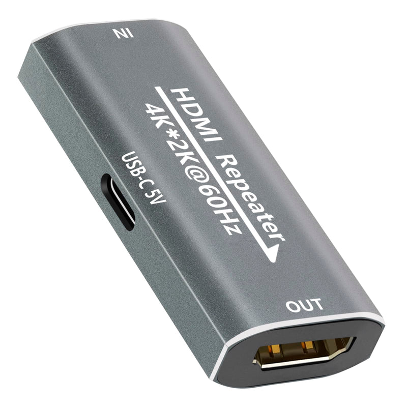 HDMI Booster Repeater 4K@60Hz for 80FT, HDMI Extender Female to Female Amplifier Signal Booster Plug & Play, for Gaming/Home Theater/Video Meeting/TV with USB-C Power Supply Port(Grey) Grey