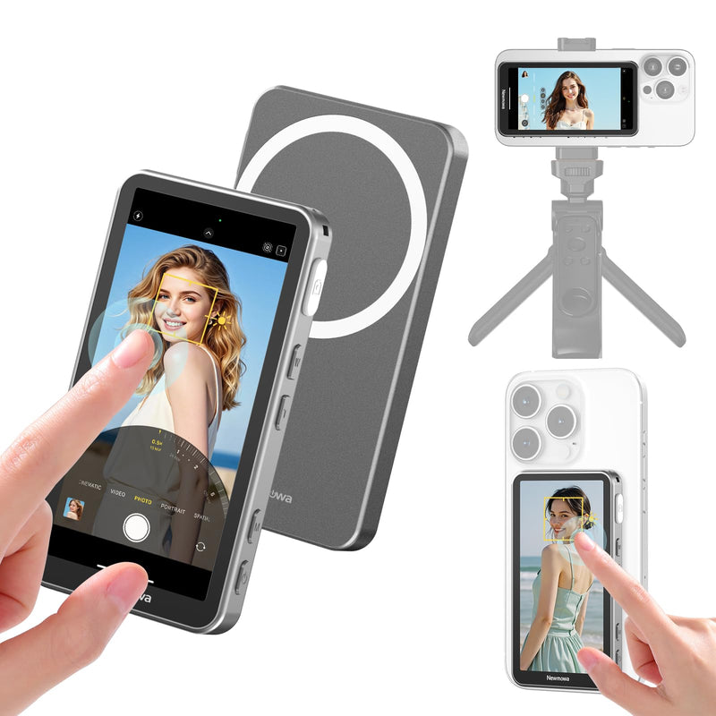 Newmowa Touchscreen Phone Vlog Selfie Monitor Screen, Magnetic Wireless Back Camera Selfie Monitor with Focus Adjustment ONLY for iPhone, Support 4K 30fps Wireless Recording for iPhone 15/16(Grey) Grey