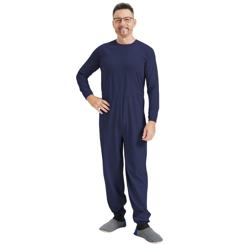 Anti Strip Clothing Adaptive Jumpsuit with Easy Access Back Zipper Pajamas for Elderly & Dementia Patients Navy Blue X-Large