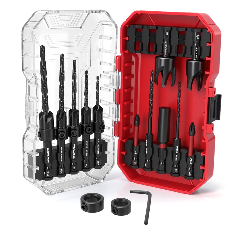 15PCS Wood Countersink Drill Bit Set Tapered Pilot Drill Bits with Depth Stop Plug Cutters Phillips Screw Bits & Magnetic Extension 1/4" Quick Change Hex Shank with Storage Case