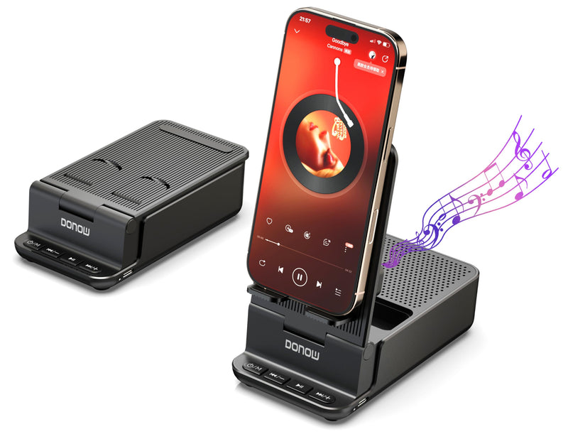 DONOW Wireless Induction Bluetooth Speaker with Cell Phone Stand, HD Surround Stereo Sound Foldable Phone Holder Perfect for Tablet iPhone Android, Gifts for Men Women (Black) Black