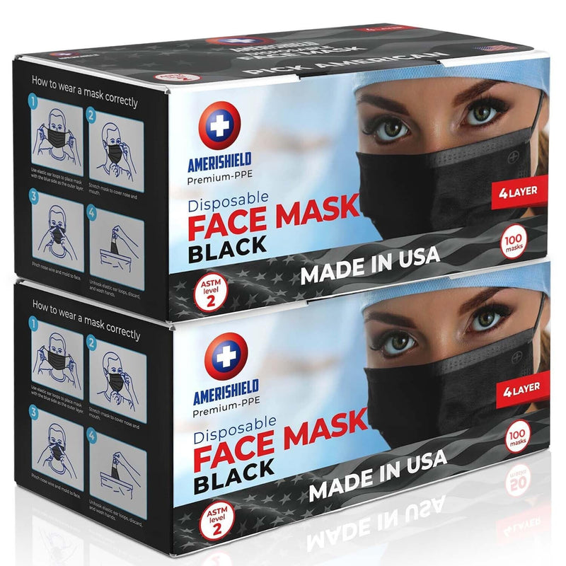 Amerishield Disposable Black Face Mask, ASTM Level 2, 100 Ct, USA Made | Breathable and Comfortable for Allergy and Sun Protection, FSA/HSA Eligible, 4 Layer Design Pack of 100