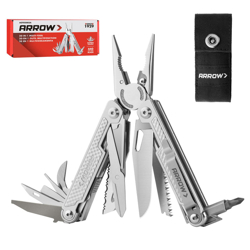 ARROW 20-In-1 Multi Tool Pliers, Gifts for Men Dad, Stainless Steel EDC Multitool with Pocket Knife, Sheath and Pocket Clip, Safety Locks, Multi-Use Tool for Outdoor, Camping, Hiking