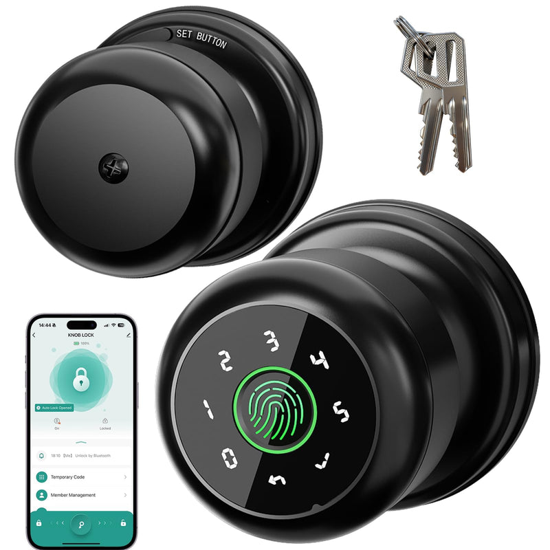 Smart Fingerprint Door Lock, 4 in 1 Smart Fingerprint Door Knob with Keypad, App Control, Auto Lock, Biometric Door Knob with Lock for Bedroom, Apartment, Garage, Home & Office Elegant Black