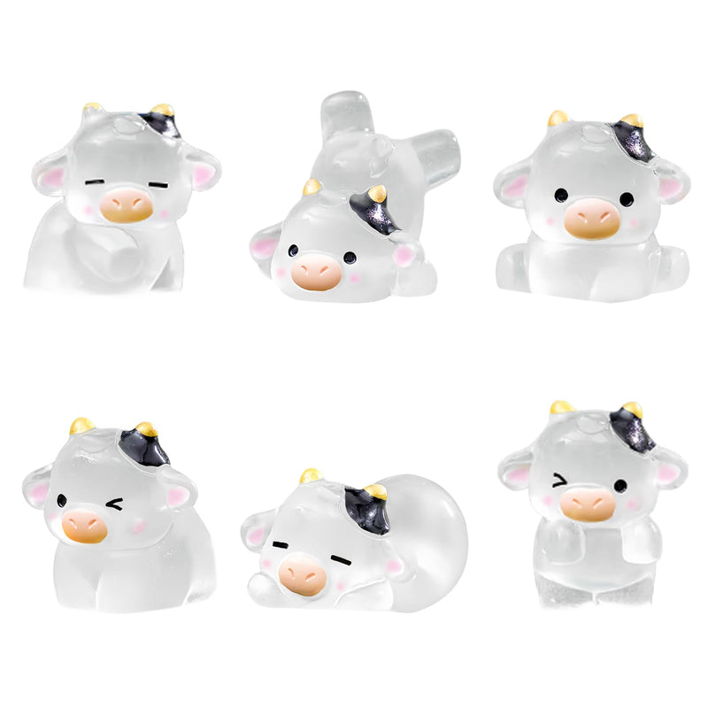 6 Pack Glow in The Dark Cow Car Decor, Cute Luminous Resin Dashboard Decorations for Cars, 3.3cm Funny Animal Touchscreen Accessories (Transparent)