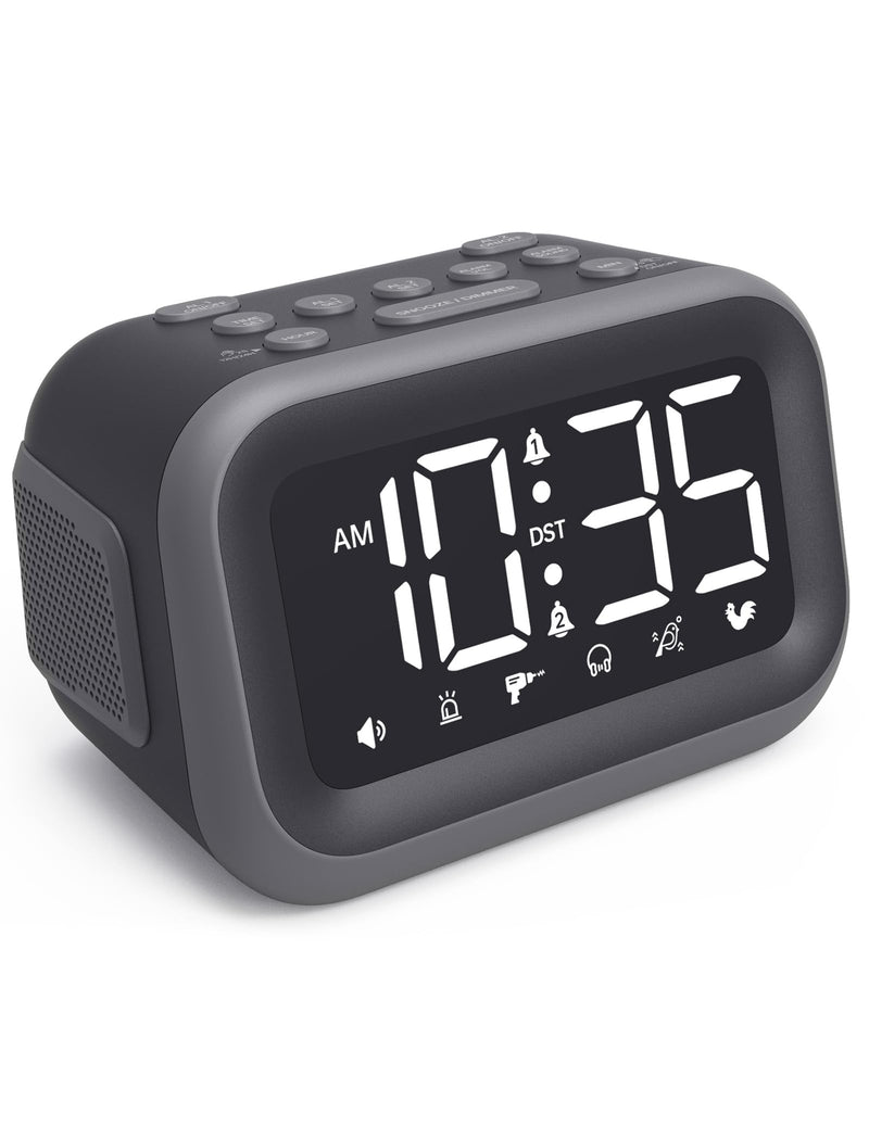 Super Loud Alarm Clock: 115dB Dual Alarms and 6 Alarm Sounds for Heavy Sleepers - Adult Shift Workers in Bedroom or Daily Wake-Up Use - Gray Gray - White Digits