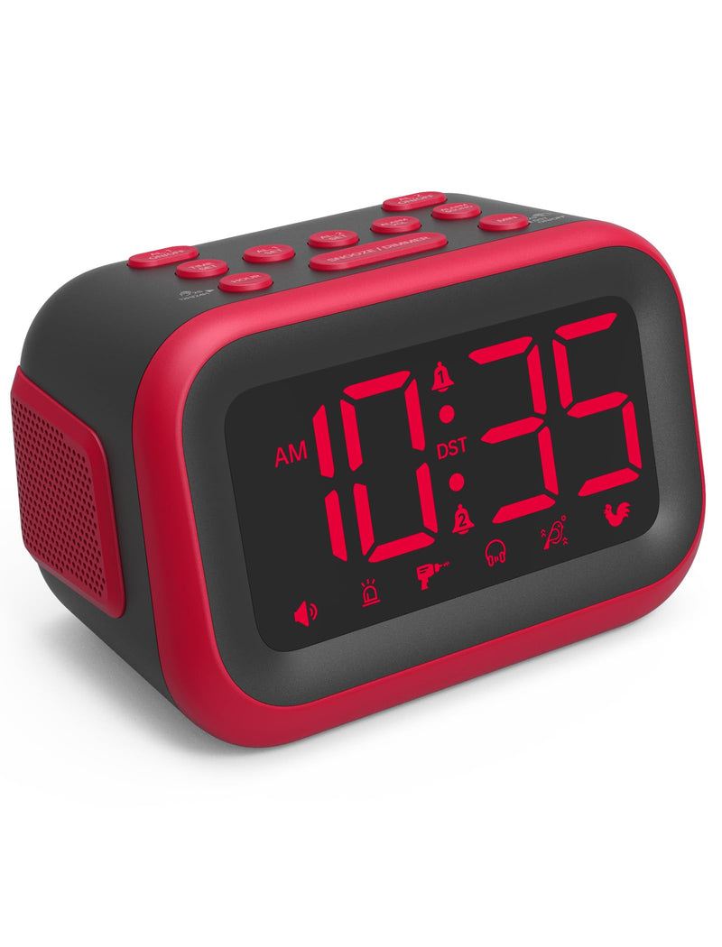 Loud Alarm Clock for Heavy Sleepers: 115dB Dual Alarms with 6 Unique Sounds for Bedroom Dorm Room Use - On-Time Wake Up for Teen College Students - Red Red - Red Digits