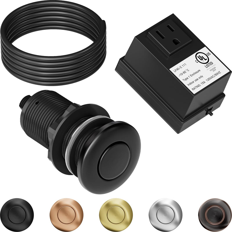 Garbage Disposal Air Switch Kit, UL Listed Sink Top Button Waterproof | Professiona Wireless Air Switch Set - Black Button Compatible with Moen, Kohler, and Delta Faucets Matte Black LONG/3.6"