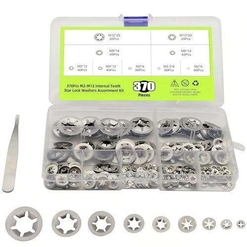 370Pcs Stainless Steel Internal Tooth Star Lock Washers Set, M2 M2.5 M3 M4 M5 M6 M8 M10 M12 Quick Speed Locking Washers Assortment Kit, 9 Size Push on Locking Washer (Silver) Silver