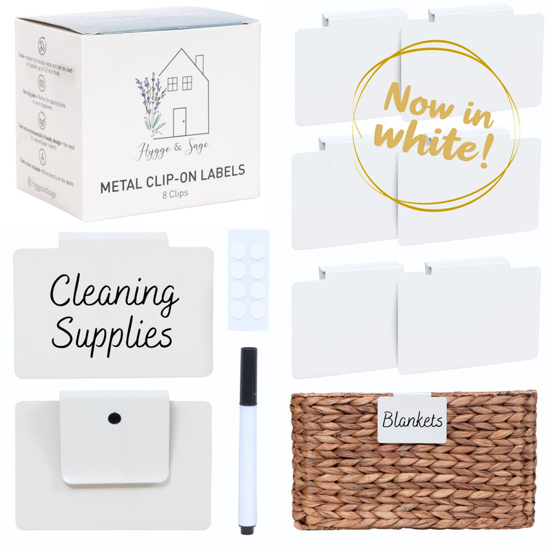 Hygge & Sage: Metal Non-Slip Basket Labels Clip On for Storage Bins, or Wire Racks | Includes 8 Labels, 8 Non-Slip Pads, and 1 Free Marker (White) White