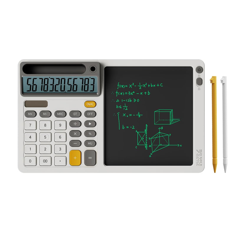 Solar Calculator with 7.5 inc LCD Writing Membrane, 15° Tilt for Easy Reading, Integrated Phone Stand, Voice & Silent Modes, Anti-Slip Pads for Stability, Ideal for Office & Study Use (White)