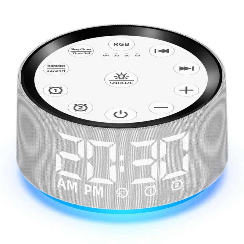 Alarm Clock Sound Machine White Brown Noise Machine with 30 Sleeping Sounds for Baby Kids Adults Night Light Bedroom 2 Alarms Backup Battery 32-Level Vol 15 Wake up Sounds for Mild Heavy Sleeper Grey