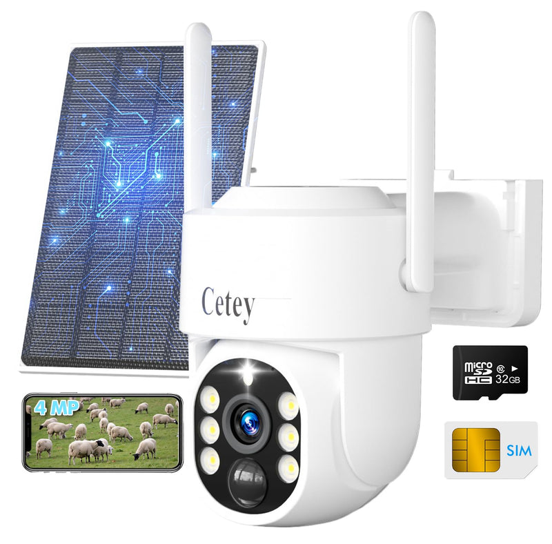 4G LTE Cellular Security Camera Wireless Outdoor, No WiFi Solar Powered Camera for Farms, Ranches, Estates Surveillance, 2K Color Night Vision, 360°PTZ, 2-Way Audio, PIR Motion Sensor White