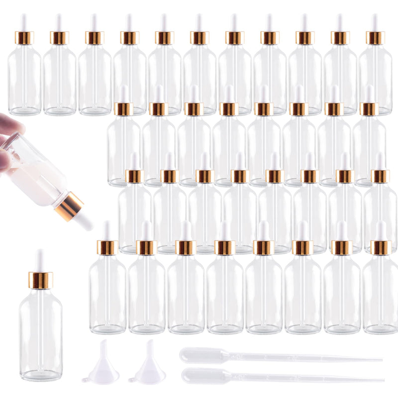 36 Pack 2oz Clear Glass Dropper Bottles, 60ml Glass Eye Dropper Bottles for Essential Oils, Perfumes, Laboratory Use (Gold & dropper, 2oz-36Pack) Gold & Dropper