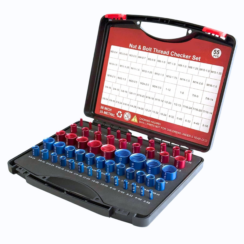 55PCS Nut and Bolt Thread Checker, 30 SAE & 25 Metric Box Kit Thread Gauge with M11 Sizes, Bolt Size Finder, Aluminum Screw Size and Bolt Gauge Identifier Set 55PCS