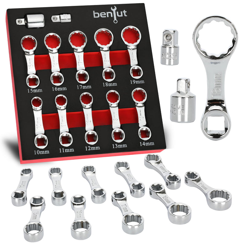 12PCS Metric Torque Adapter Set, 10–19mm Torque Wrench Extension Adapter, 3/8" Drive, 12 Point Box End Torque Wrench Adapter Set, Chromium Vanadium Steel with 1/2" & 1/4" Adapters Metric 10–19mm