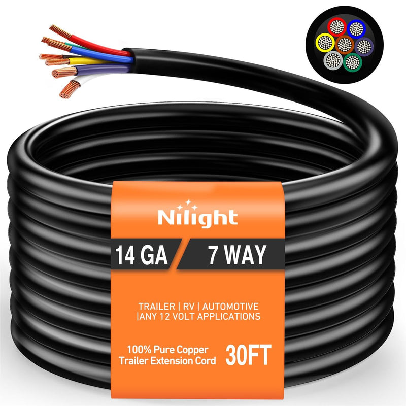Nilight 30 Feet 7 Way Trailer Extension Cable Traditional SAE 14 Gauge 7 Conductor 100% Pure Copper Wire Insulated Heavy Duty Cord Weatherproof for 7 Pin Blade RV Automotive Traditional SAE Trailer Cord 30FT
