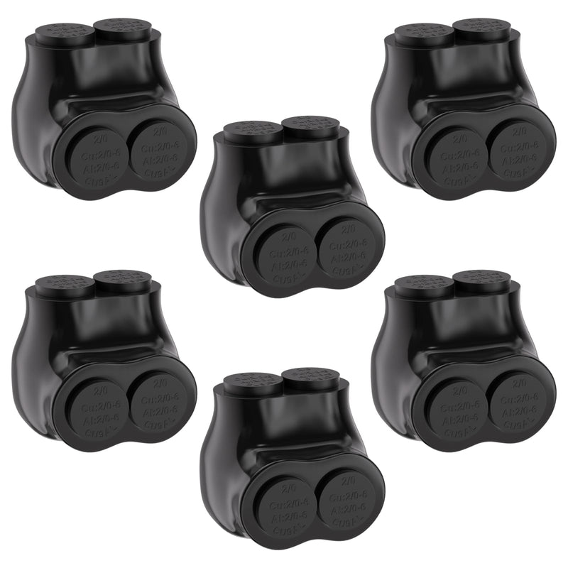 STARELO 6PCS 2 Port Insulated Wire Connector, Single-Sided Splice, Multi Tap Cable Connector for Copper and Aluminum Wires, Slotted Hex, Black Vinyl Coated, Pre-Filled Oxide Inhibitor (2/0-6 AWG) 6PCS 2port 2/0-6 AWG