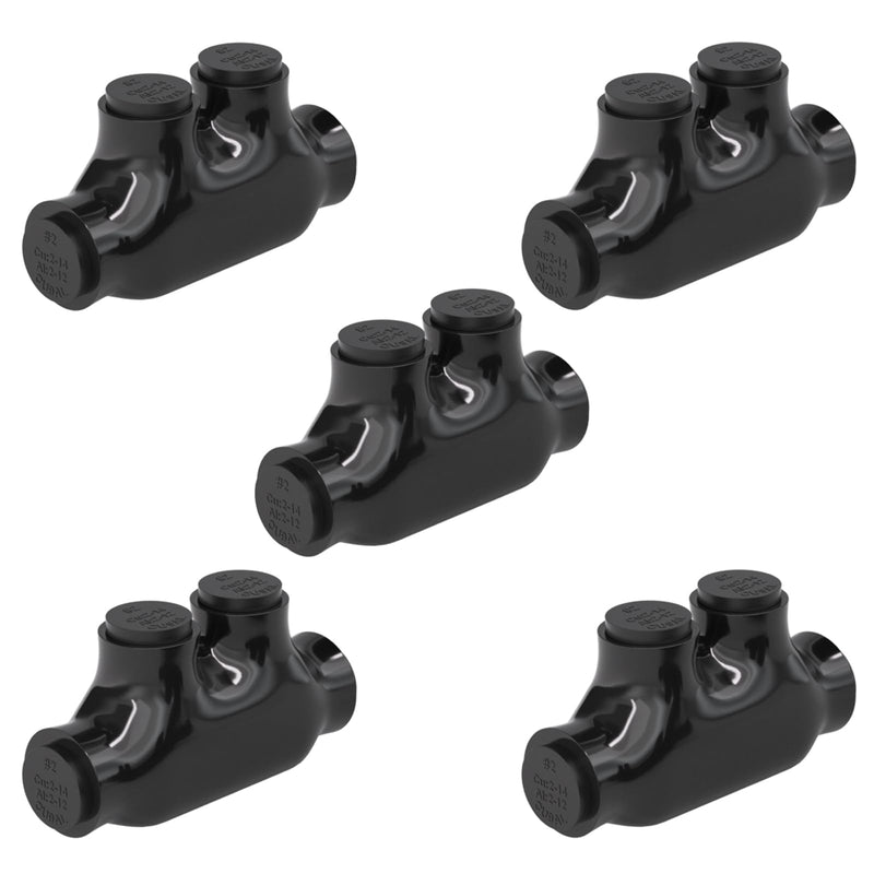 STARELO 5PCS 2 Port Insulated Wire Connector, Inline Splice, Multi Tap Cable Connector for Copper and Aluminum Wires, Slotted Hex, Black Vinyl Coated, Pre-Filled with Oxide Inhibitor (2-14 AWG) 5PCS 2-14 AWG